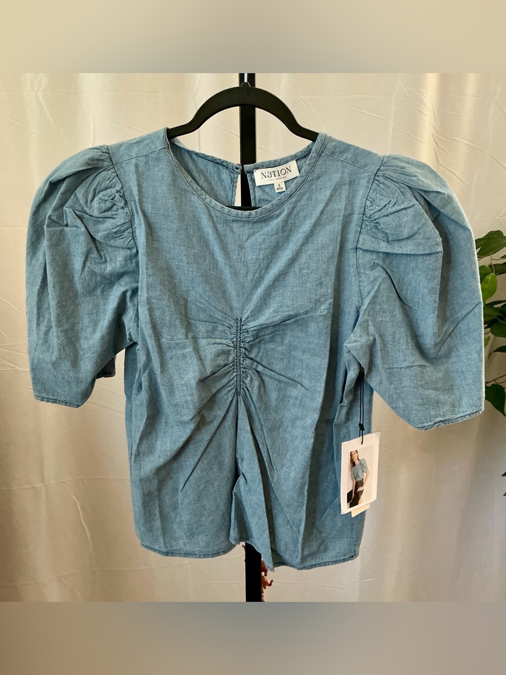 Nation LTD Cecily Blue Chambray Puff Sleeve Organic Cotton Top S - Picture 6 of 14